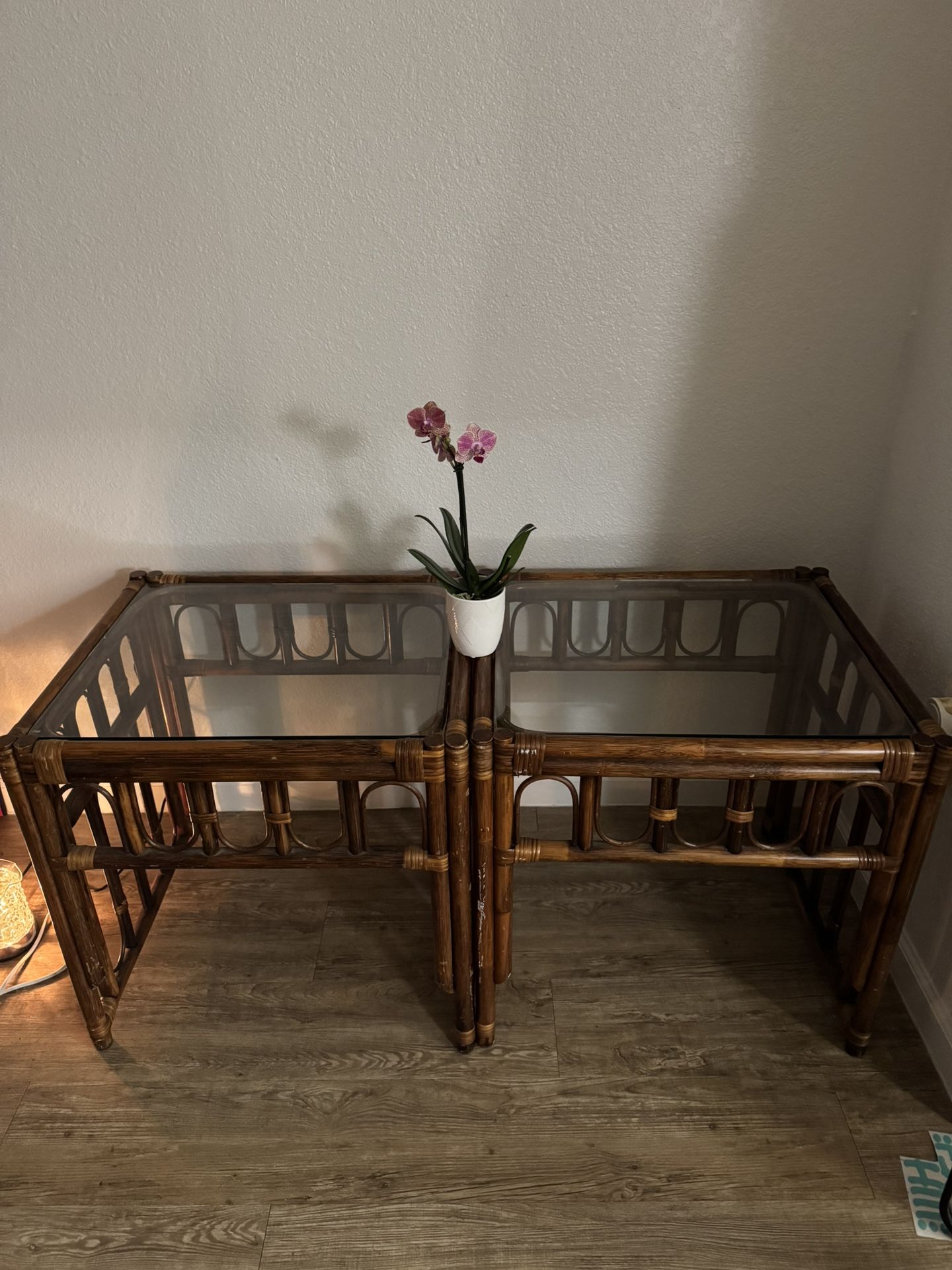 Two Glass And Wooden Side Tables