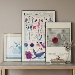 Vintage Framed Art Poster Lot 3-Pc Botanical Still Life Floral & Modern Decor
