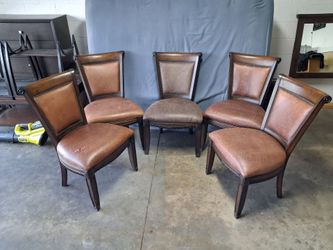Set of 5 Traditional Wood & Leather Dining Chairs - Nailhead Trim
