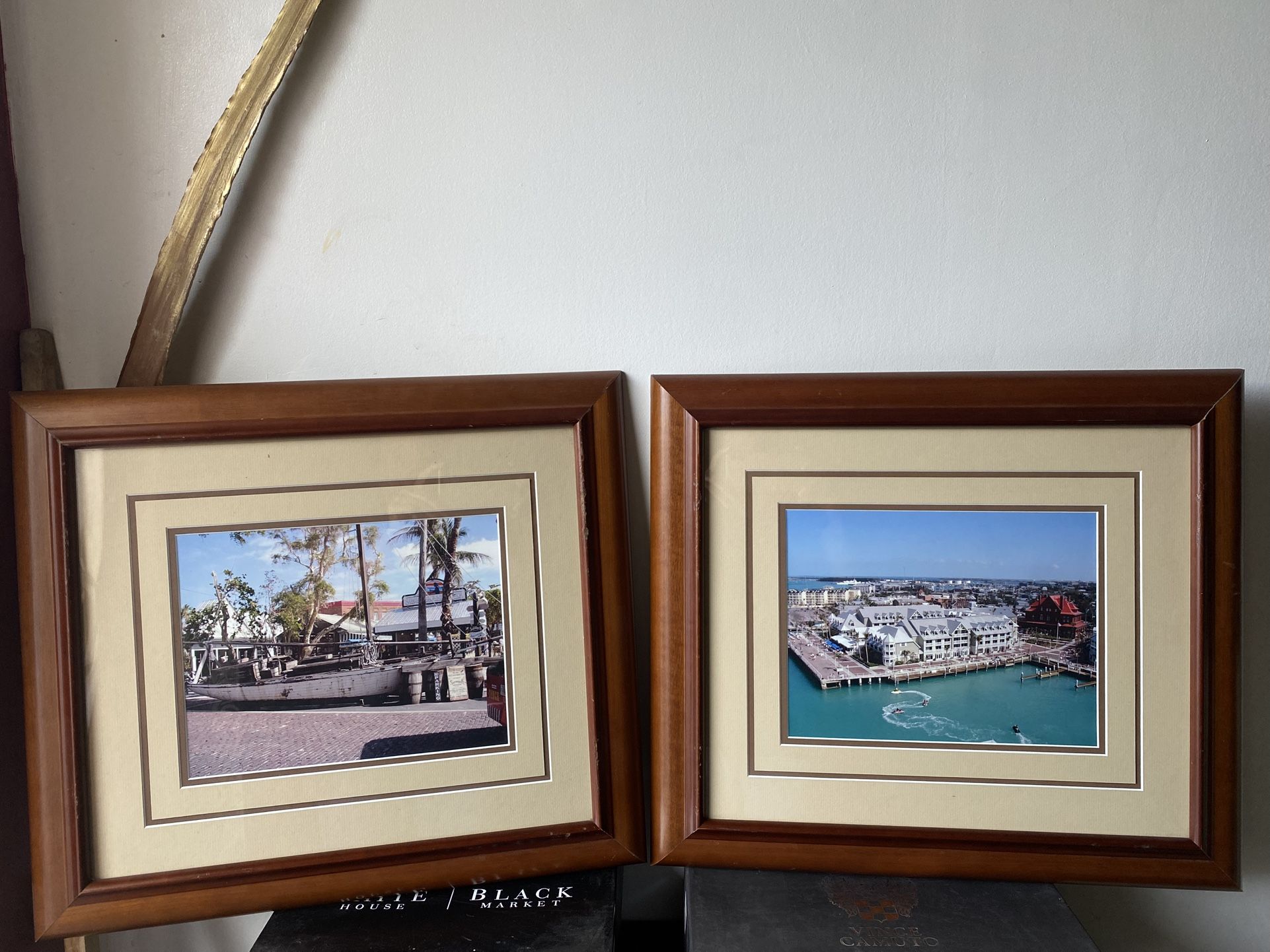 Two Set Antique Art Framed By " Gallery Art 16th Anniversary " 1. 1 is a European city in the middle of the Ocean: 1 is A Parked Boat /store