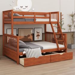 Wood Bunk Bed with Ladder & Two Storage Drawers, Twin Over Full Bed Frame Kid’s Bedroom Furniture (Walnut) [NEW] Retails For $500