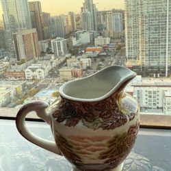 Vintage NASCO brown transferware creamer with scenic Mountain Wood Land pattern