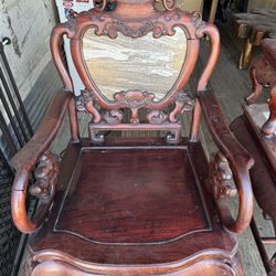 Antique Wood & Marble Dragon Chair & Table 