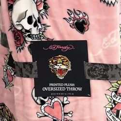 ED HARDY BLANKET NEW ED HARDY PINK THROW BLANKET SKULLS TIGER ROSES OVERSIZED BLANKET