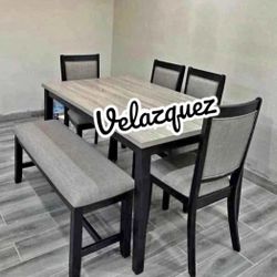 ✅️✅️6 pc bridget two tone wood dining table set padded seat chairs and bench ✅️✅️