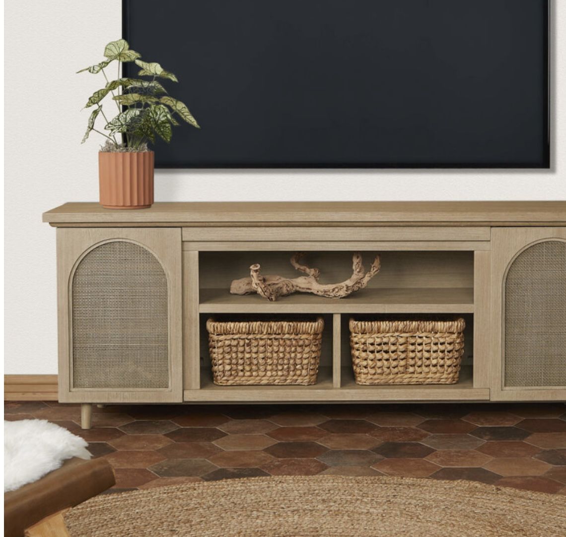 NEW World Market Landon White Oak and Rattan Cane Media Stand retails for 1600