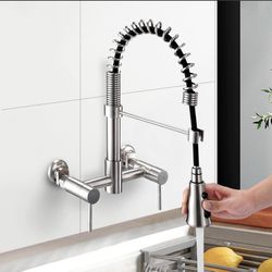 Dornberg Wall Mount Kitchen Faucet With Sprayer, 8 Inch Center Commercial Kitchen Sink Faucet, Spot-Free Stainless Steel, 2 Handle For Easy Controlled