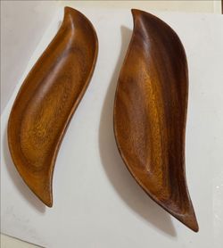 Vintage Genuine Monkey Pod  Wood  bowls crafted from Monkey Pod  hardwood into a distinctive leaf or pea pod shape.