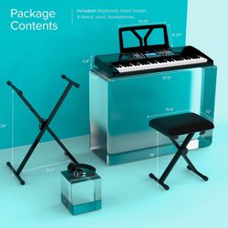 RIF6 Electric 61 Key Piano Keyboard - with Over Ear Headphones, Music Stand, Digital LCD Display, Teaching Modes and Adjustable Stool - Electronic Mus