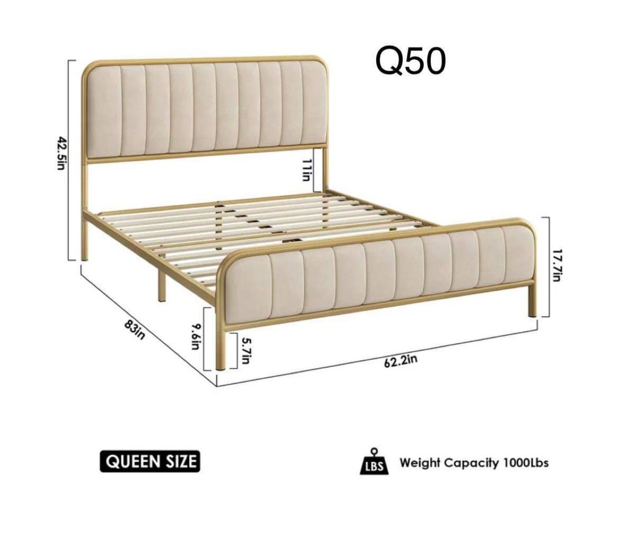 Q50-Queen Size Bed Frame, Metal Tubular Platform Bed Frame with Upholstered Headboard, Beige White