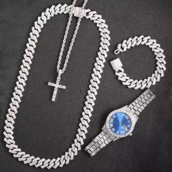16mm Hip Hop Miami Cuban Link Chain Set Necklace +Watch+Bracelet Iced Out