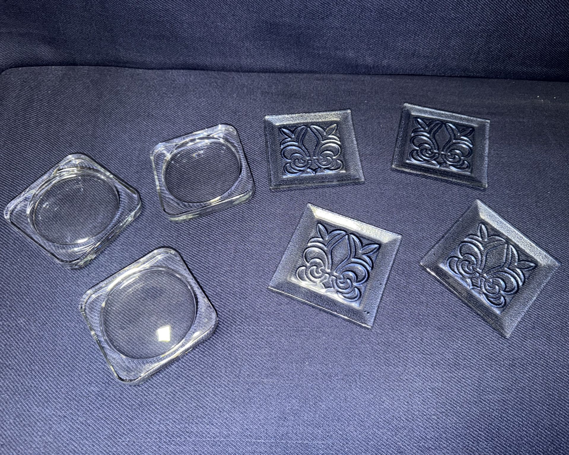 Glass Coasters SET 3 clear glass and 4 patterned blue glass