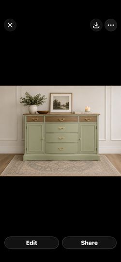 Bassett Furniture Sage Green Buffet / Sideboard Cabinet with Solid Wood Top – Fully Refinished