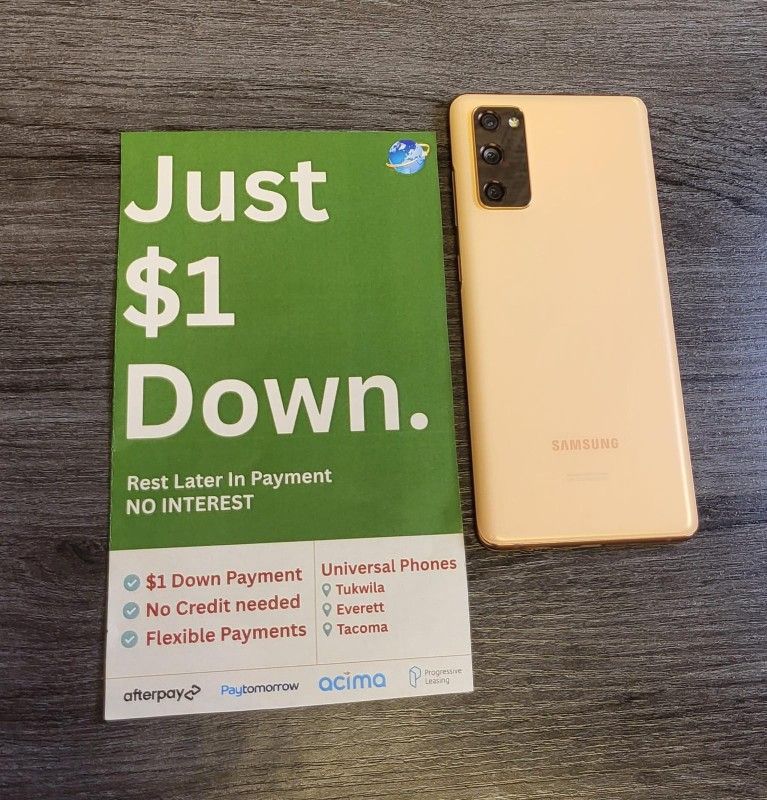 Samsung Galaxy S20 FE 5G 128gb  Unlocked, FREE Smartwach/ Headphones. Pay $1 Today Rest in payments. NO CREDIT NEEDED FINANCING