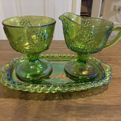 Indiana Glass - Green Carnival  - Grape  Harvest Cream & Sugar Bowls With Tray 