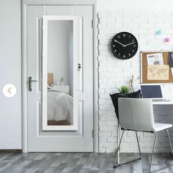 Wall Door Mounted Mirror Jewelry Box Cabinet Lockable Armoire Organizer with LED Light