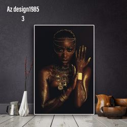 Black and Gold Nude African Woman with Necklace Canvas Painting Posters and Print Scandinavian Wall Art Picture for Living Room 35 height 23 widet