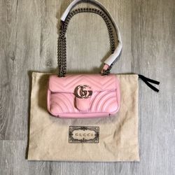 Gucci GG Marmont Chevron Matelasse Pink Chain Super Mini Shoulder Bag Purse 