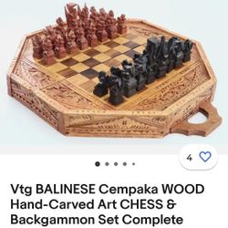VTG BALINESE CEMPAKA WOOD HAND-CARVED ART CHESS PEICE  & BACKGAMMON SET