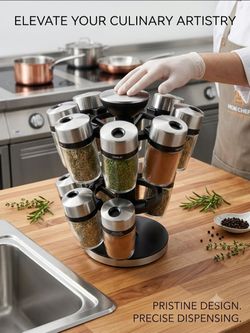 : 🔄 Stainless Steel Revolving Countertop Spice Rack & Tower Organizer! 🌿✨