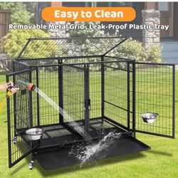 Dog Cage Kennel Size 43” Large Fodling With Divider And Feeding Bowls 
