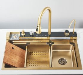 Flying Rain Stainles Steel Waterfall Kitchen Sink w Pull Down Faucet Gold 29.5in