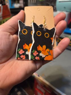 Handmade Clay Black Cat earrings. Large