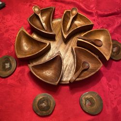 HAITIAN TEAK SERVING SET + 4 “CRYSTAL COASTERS”