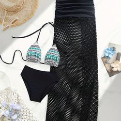 NWT AD Tribal  3 Piece Swimwear Bikini Set Women's Black L