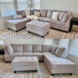 COSTCO Gray chenille sectional couch and ottoman