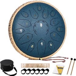 HOPWELL Steel Tongue Drum - 14 Inch 15 Note Tongue Drum - Hand Pan Drum with Music Book, Handpan Drum Mallets and Carry Bag, D Major (Navy Blue)