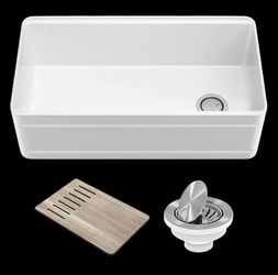 KRAUS Turino Gloss White Fireclay 33 in. Single Bowl Farmhouse/Apron-Front Workstation Kitchen Sink with Accessories
