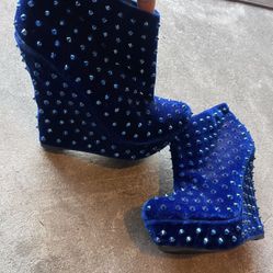 Blue Sequin Wedge Booties Heels