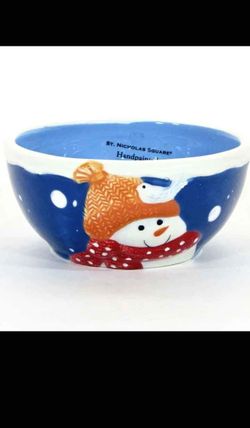 St. Nicholas Square SNOW DAYS 8oz Dessert Oatmeal Snack Dip 4" Bowls Blue Snowman Orange Hat