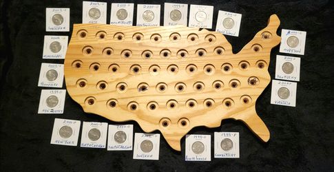 • 🪵 Beautiful Wooden USA Quarter Map Display Board With 20 Coins