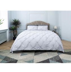 Queen Comforter Set Pinch Pleat Bedding Comforter Sets for Queen Bed, Grey Bedding Set 3-Pieces for All Season with 200 GSM Down Alternative Comforter