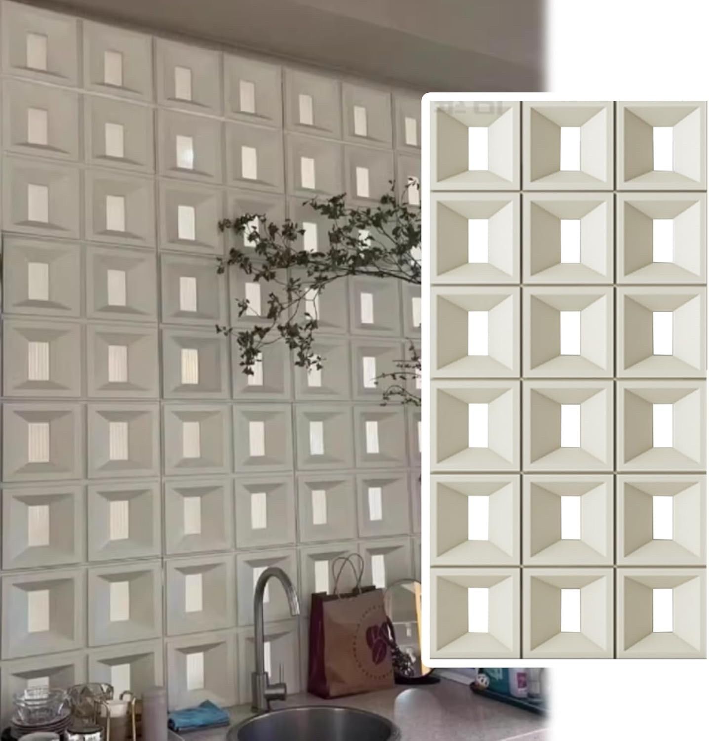 3D PU Hollow Bricks Partition Wall - Lightweight, Indoor Outdoor Off-white Faux Hollow Brick Room Divider Screen Panel Components for Privacy Screens