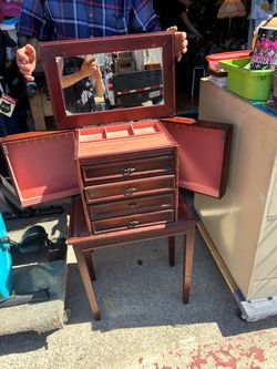 Vintage Wood Jewelry Armoire on Stand
