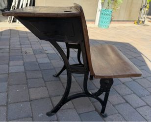 Antique Cast Iron School Desk with Attached Seat
