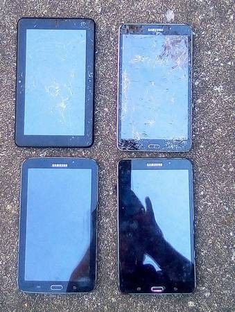 (4) Tablets - 3 Samsung & 1 Idea, 2 Cracked Glass, Samsung (2) Tab 4's and (1) Tab 3 and Data Capable or for Wifi, ALL FOR PARTS OR REPAIR, TAKE