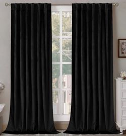 Black Velvet Blackout Curtain Panels Set