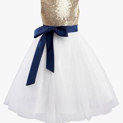 Flower Girl Dress Gold Sequence, Navy Blue  And White