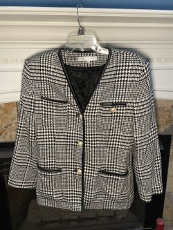 The Limited Womens Blazer Size 8 Black White Houndstooth Faux Leather Trim