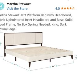 New! Martha Stewart Jett Platform Bed with Headboard, Fabric Upholstered-king size