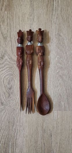 Vintage Mid-Century African Hand-Carved Wooden Utensil Set (3-Piece)