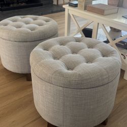 Gray Linen Ottoman with Storage, Tufted Upholstered Footstool for Living Room and Bedroom