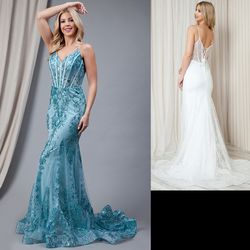 New With Tags Aqua Glitter & Sequin Long Formal Dress & Prom Dress $205