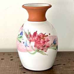 Emerson Creek Pottery 1991 Vintage Vase Hand Painted Flowers Red Clay 5 1/4"