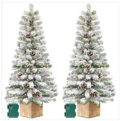  Set of 2 4 Feet White Flocked Christmas Pre-Lit Christmas Trees