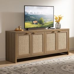 61.5”TV Stand for Living Room Boho Entertainment Center for Bedroom with 4 Rattan Cabinets Farmhouse Television Stands with Storage Large Media Consol